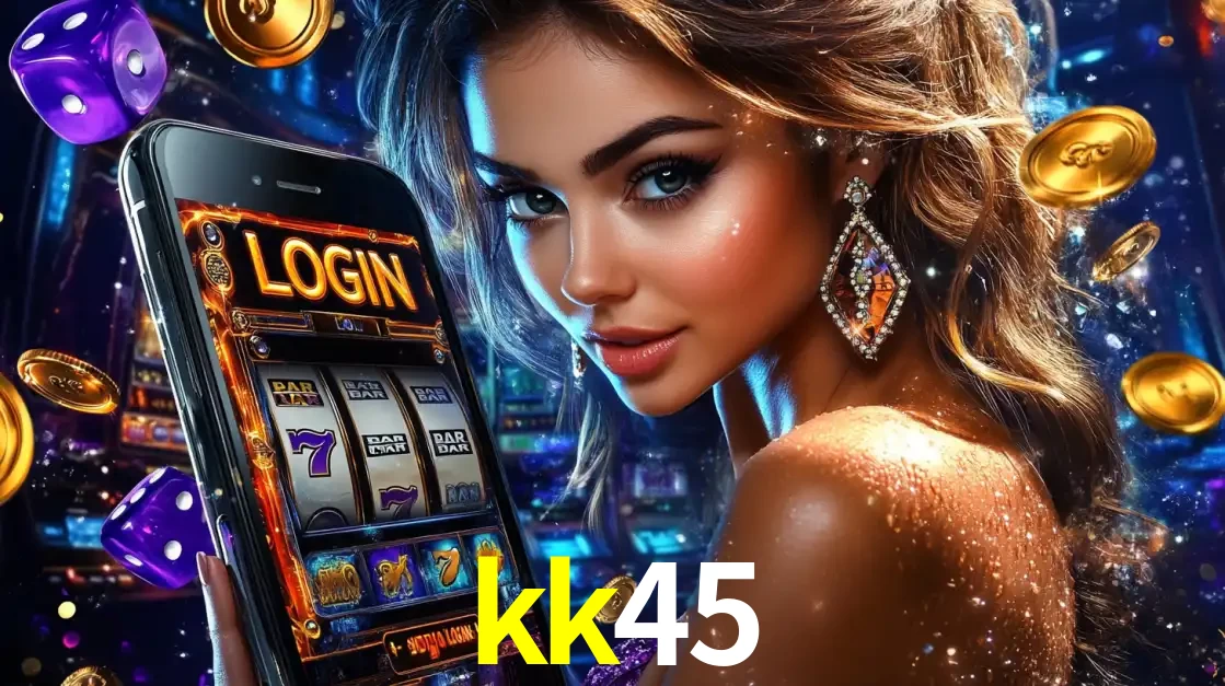 Mulher glamorosa segurando um smartphone com a tela de login para os jogos de caça-níqueis do cassino online kk45, com moedas de ouro e dados ao redor.